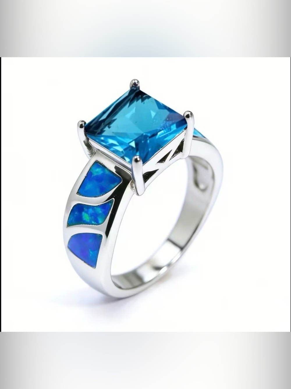 Blue CZ Square-Cut and Blue Opal Ring - Picture 6 of 13